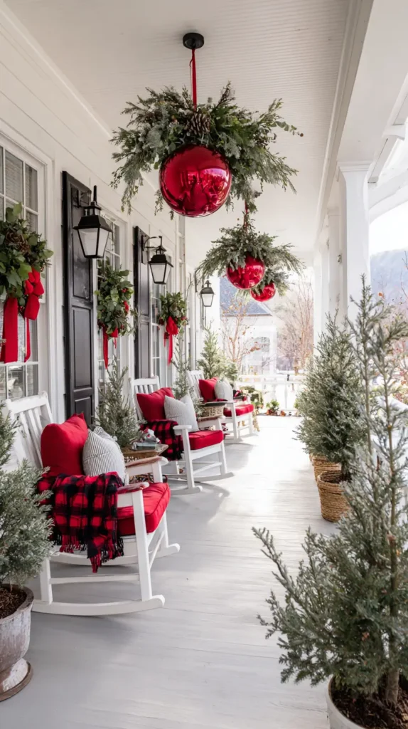 outdoor Christmas decorations, red large ornaments hanging from the ceiling