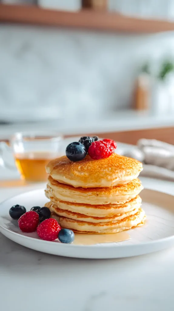 gluten free pancakes with berries and syrup