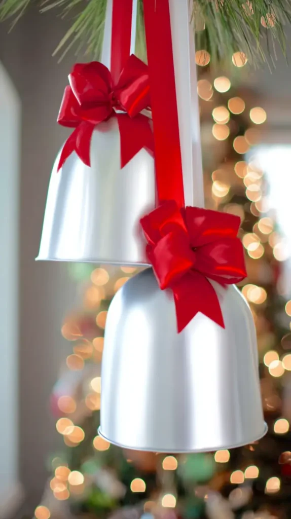 Two oversized silver bell ornaments with smooth satin finish, wrapped in wide red ribbon and bows, hanging indoors with blurred holiday lights behind them, soft bokeh glow, warm inviting Christmas atmosphere, elegant and clean design 