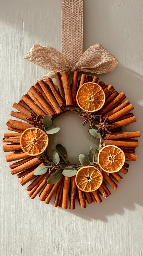 cinnamon stick and dried orange slice wreath hanging on the wall with a burlap ribbon