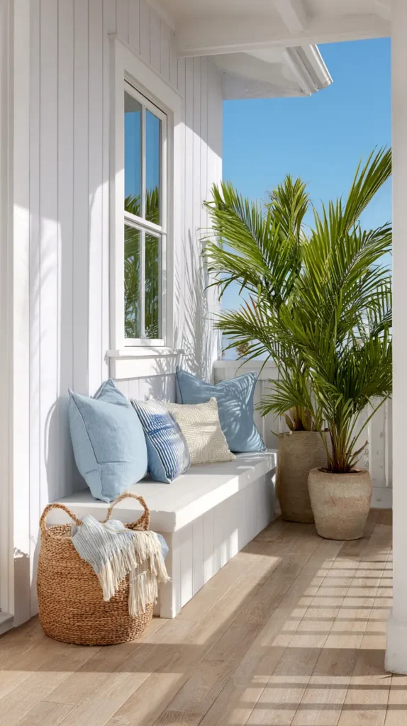 costal decorated corner of a porch outside a home