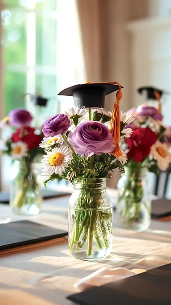 graduation centerpiece ideas, flowers, cap on a wooden dowel