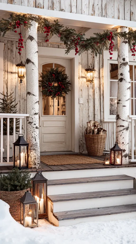 outdoor Christmas decorations, lanterns, birchwood