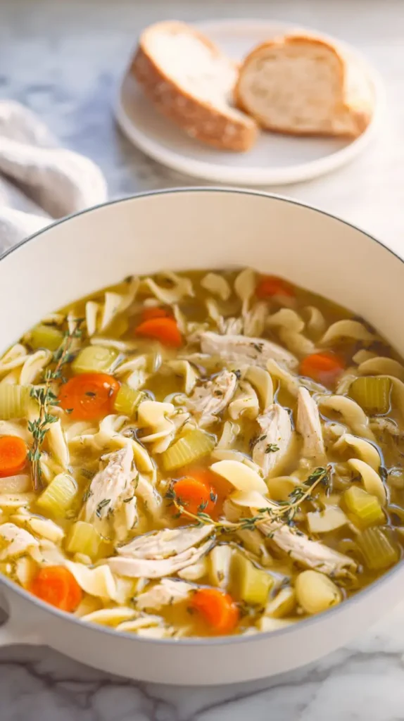 turkey soup with crusty bread on the side