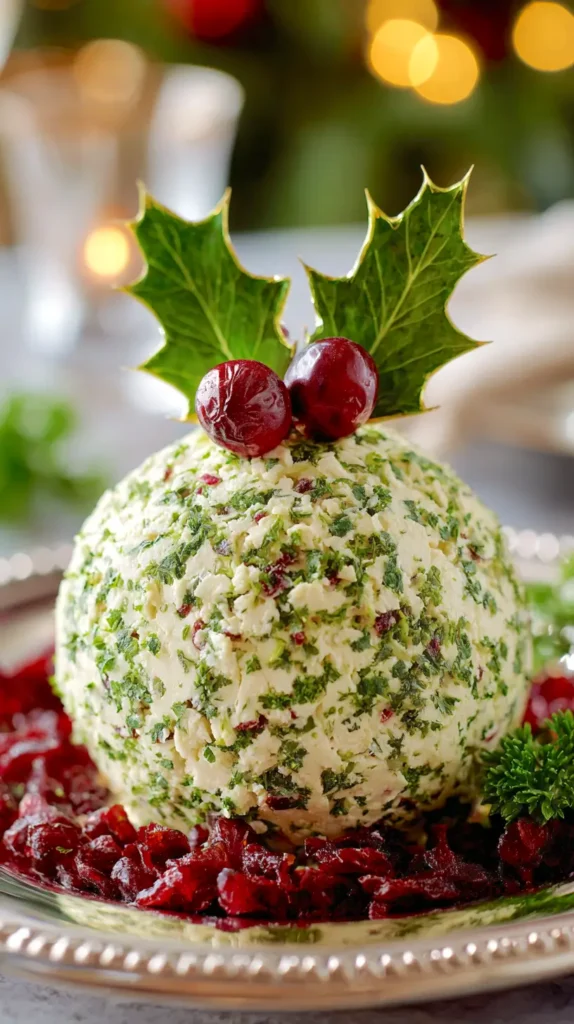 holly-inspired Christmas cheeseball