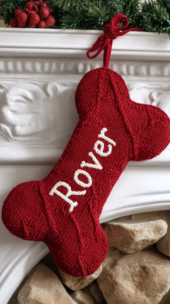 Christmas crafts to sell, red bone-shaped stocking with the word Rover