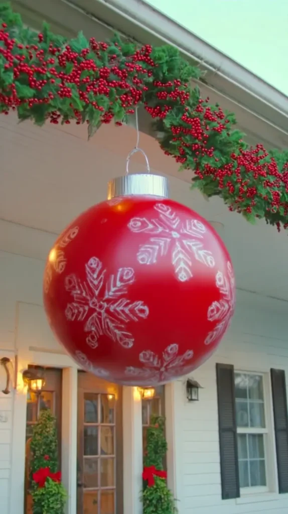 A huge glossy red Christmas ornament with soft metallic sheen, simple white snowflake pattern, realistic silver ornament cap, hanging from a porch ceiling, classic holiday garland with red berries draped behind it, warm exterior lighting, clean white house backdrop, festive outdoor atmosphere, Christmas craft