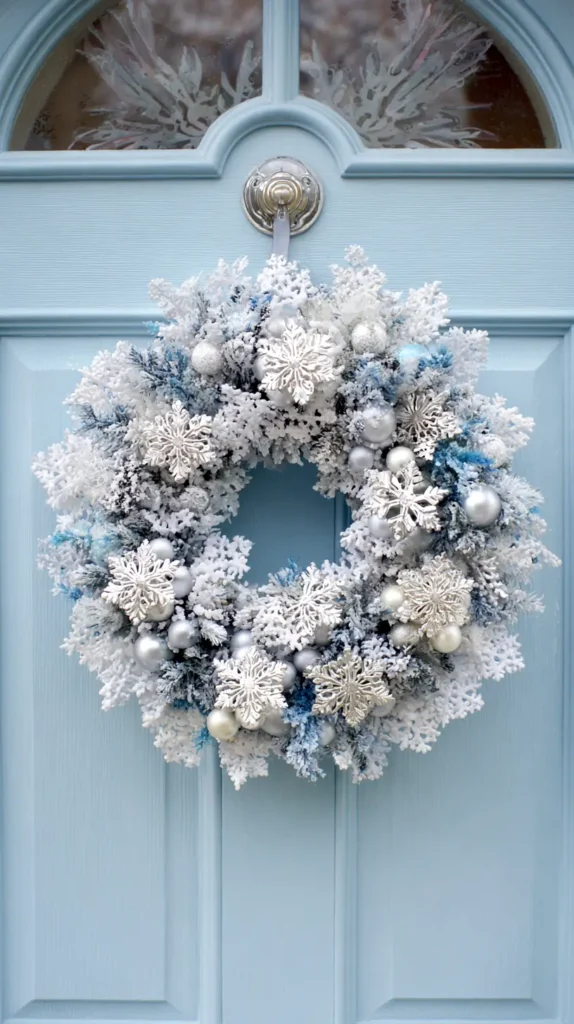 snowflake ornament white and blue wreath on the door