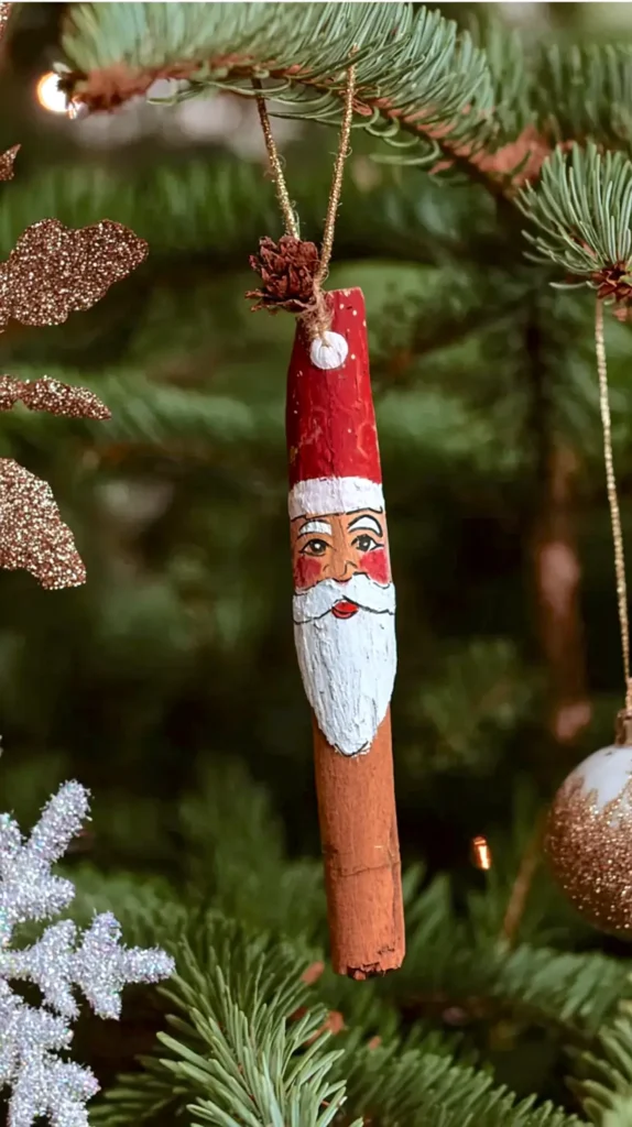 painted Santa face on a cinnamon stick hanging on a Christmas tree branch