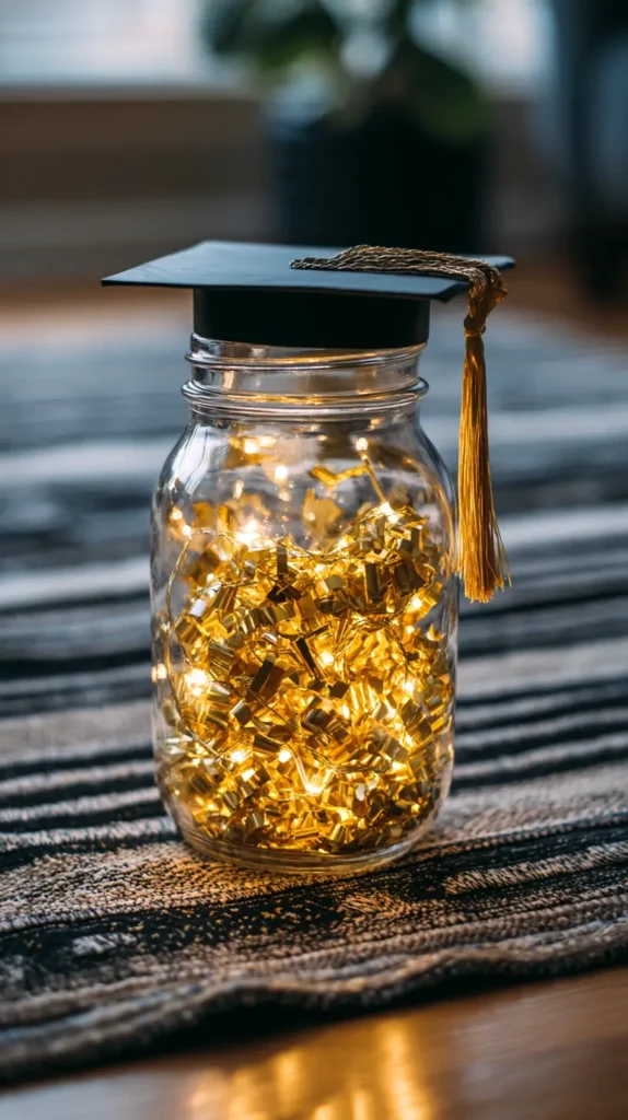 mason jar with gold confetti and lights, with cap on top
