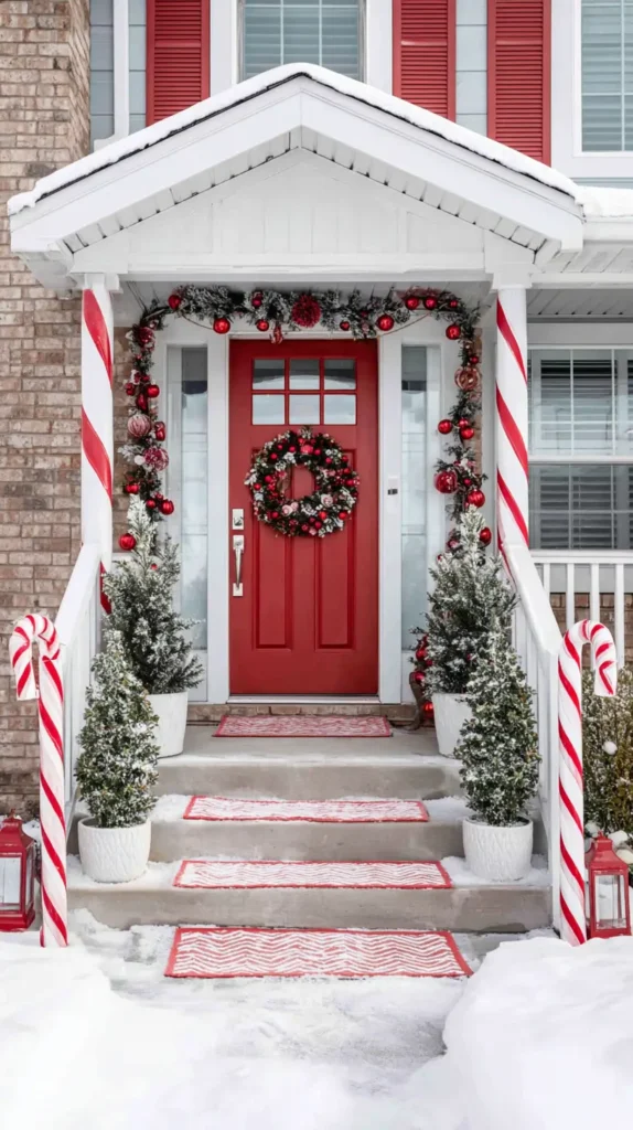 candy cane themed front porch