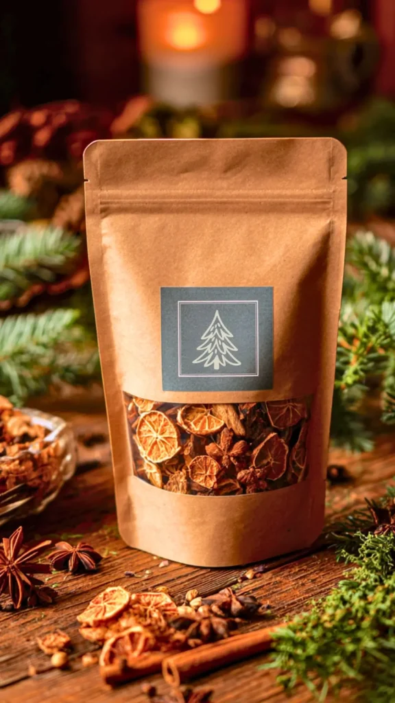 Christmas simmer pot recipes, in a brown Kraft bag