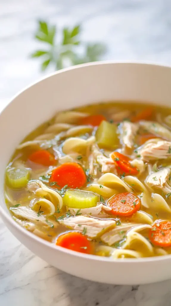 turkey soup in a white bowl