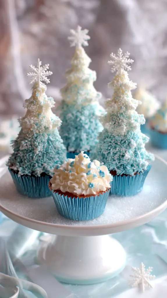 blue and white tree cupcakes, Christmas aesthetic