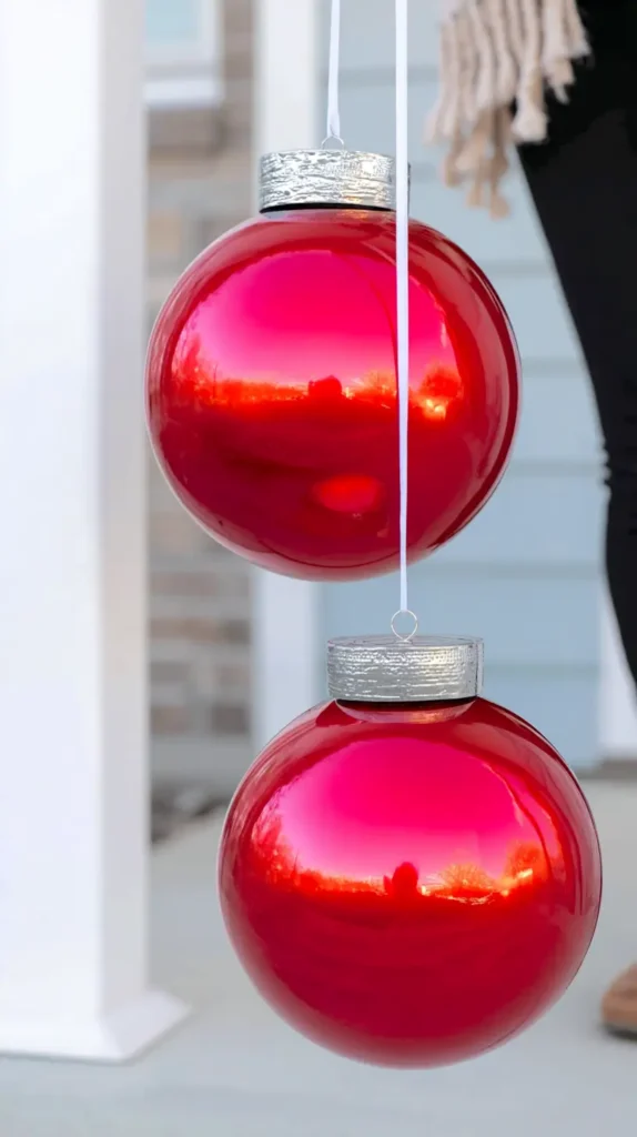 Two giant shiny red-pink Christmas ornaments with smooth reflective surfaces, metallic silver ornament caps, long satin ribbon hangers, photographed outdoors near a white garage backdrop, soft natural daylight, minimal shadows, bright cheerful holiday décor mood