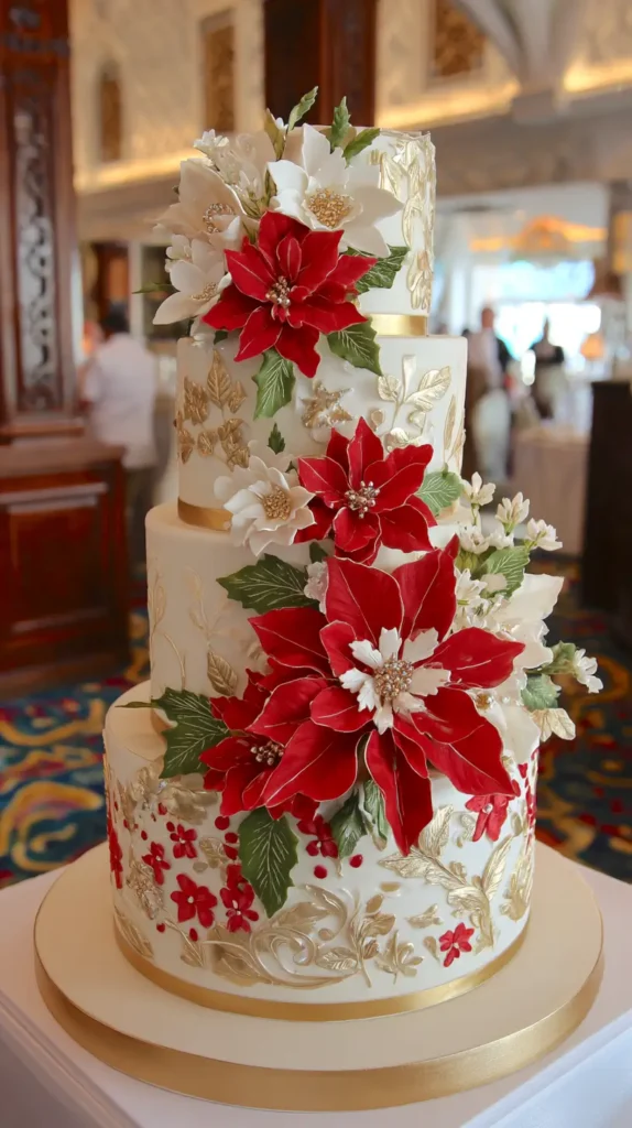 Christmas wedding cake with large red festive flowers