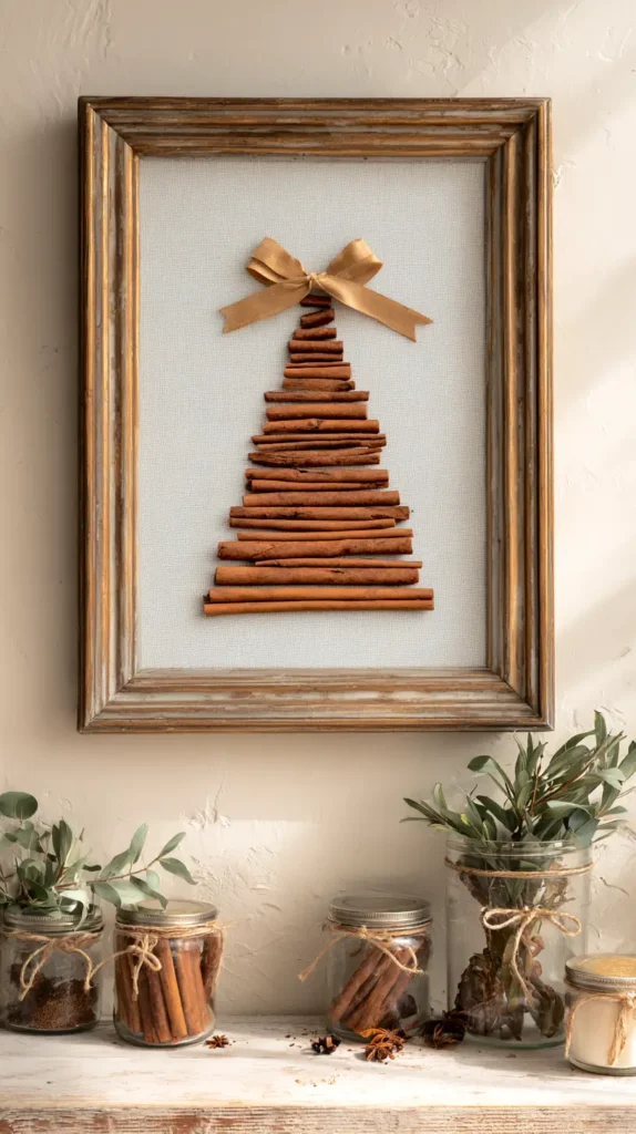 cinnamon sticks in the shaped of a Christmas tree, with bow on top, framed in gold frame, hanging on the wall