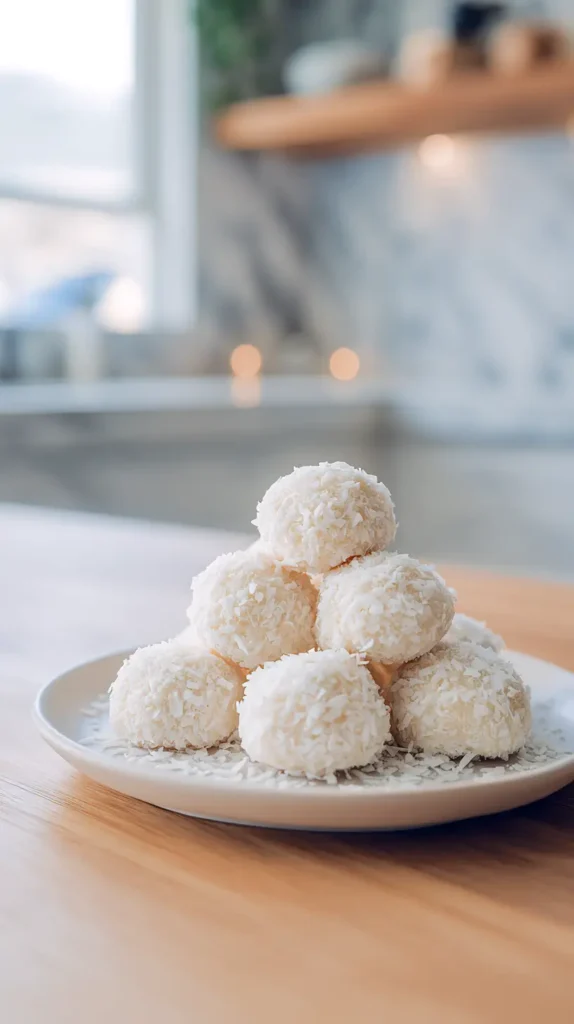 coconut snowball cookies, stacked like a pyramid