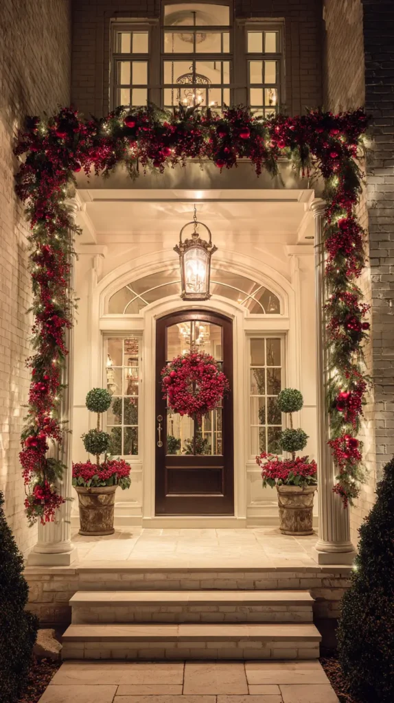 front porch Christmas decor with pendant light