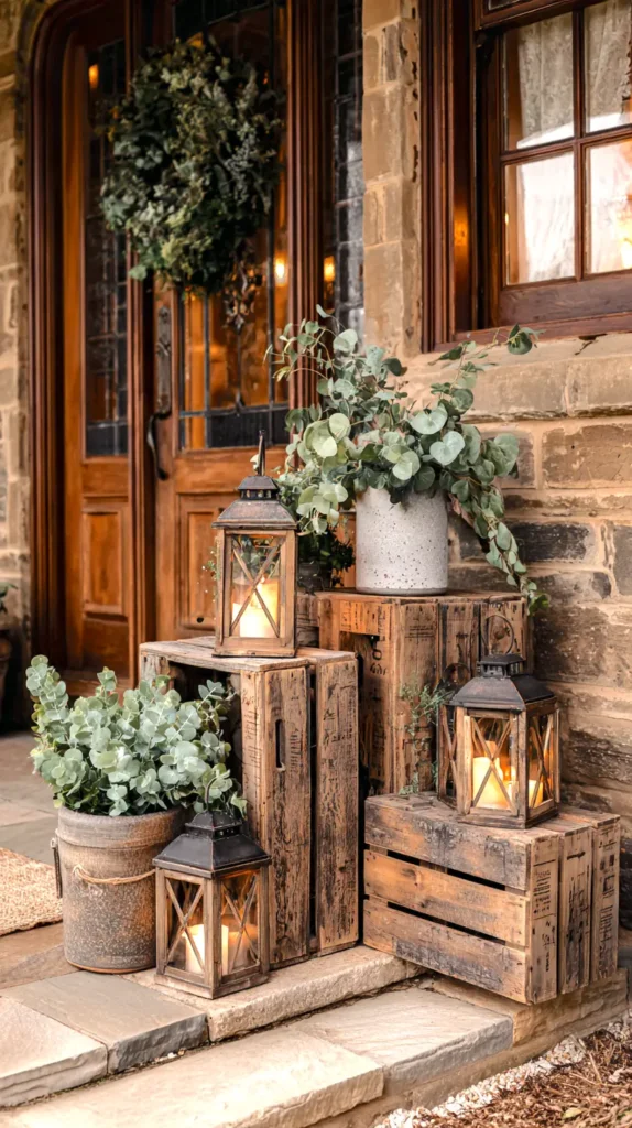 rustic lanterns and crates outside of the front door of a house