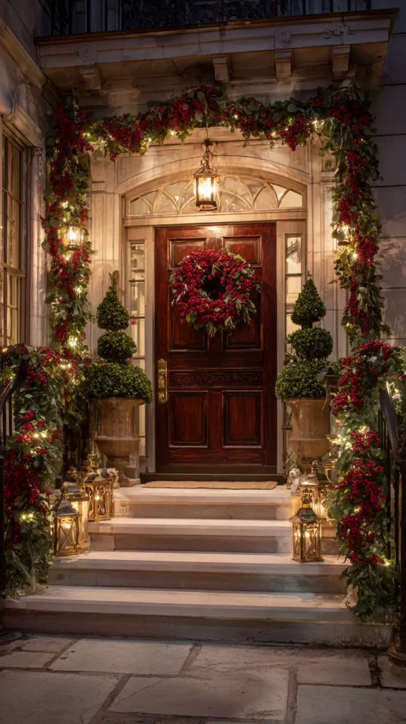 outdoor Christmas decorations, nightime scene