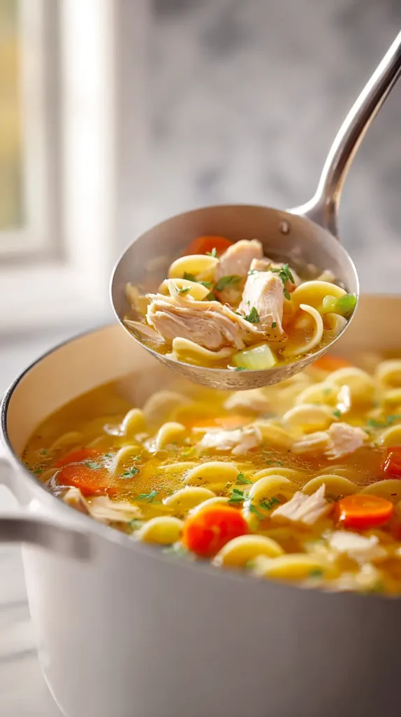 serving turkey soup with a metal ladle