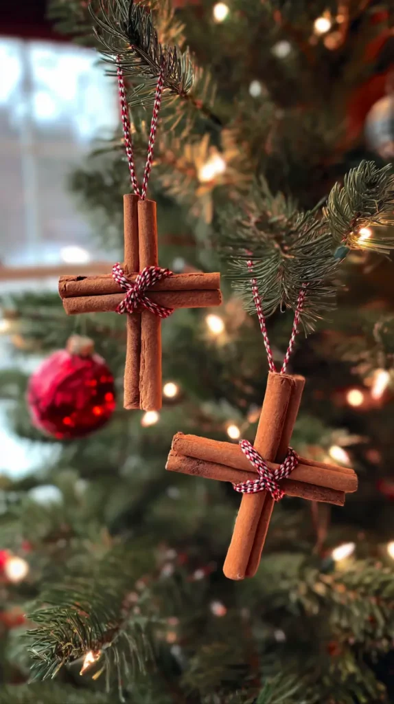 cinnamon stick cross ornaments on a Christmas tree