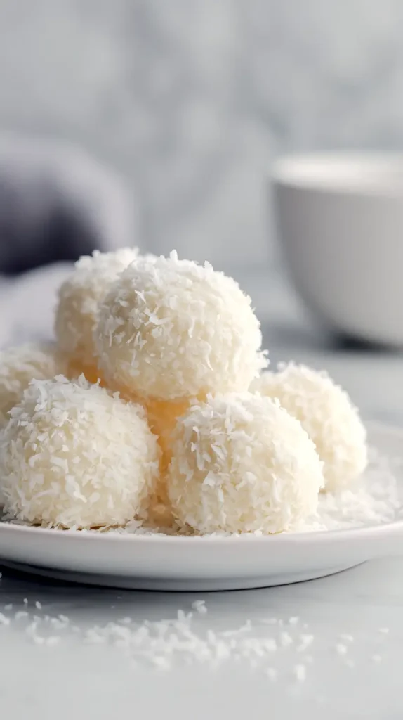 coconut snowball cookies, stacked on a plate