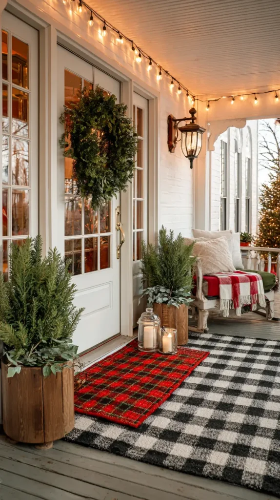 front porch Christmas decor, lanterns near the door