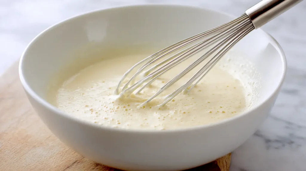 batter stirred in a white bowl with whisk