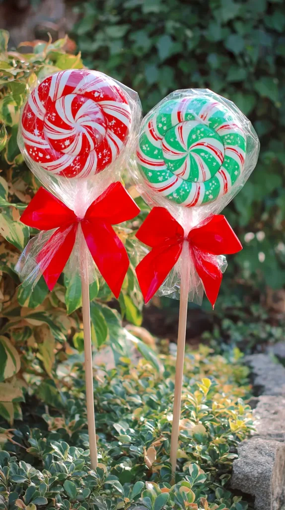 Huge handcrafted Christmas lollipops made from painted round forms wrapped in clear cellophane, bold red and green peppermint swirl patterns, tied with bright red bows, mounted on wooden sticks, displayed in outdoor greenery, bright and playful holiday styling