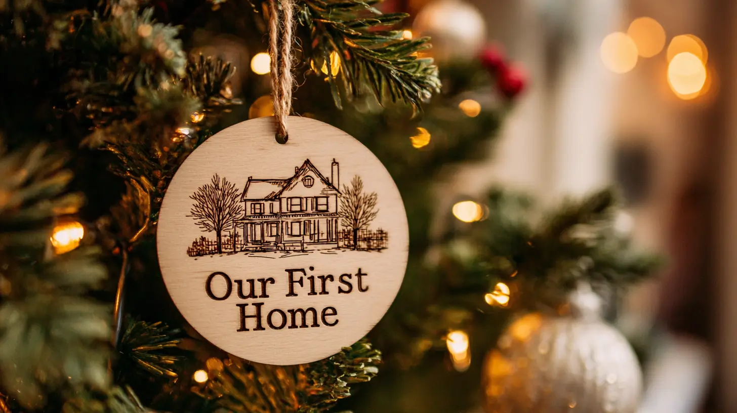 our first home wood engraved circular ornament for a Christmas tree