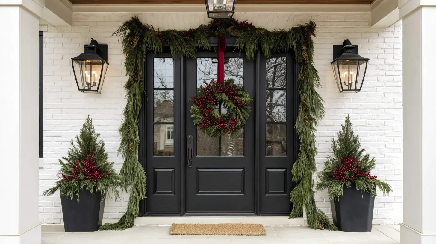 Christmas decorated front door and porch, wreaths, planters