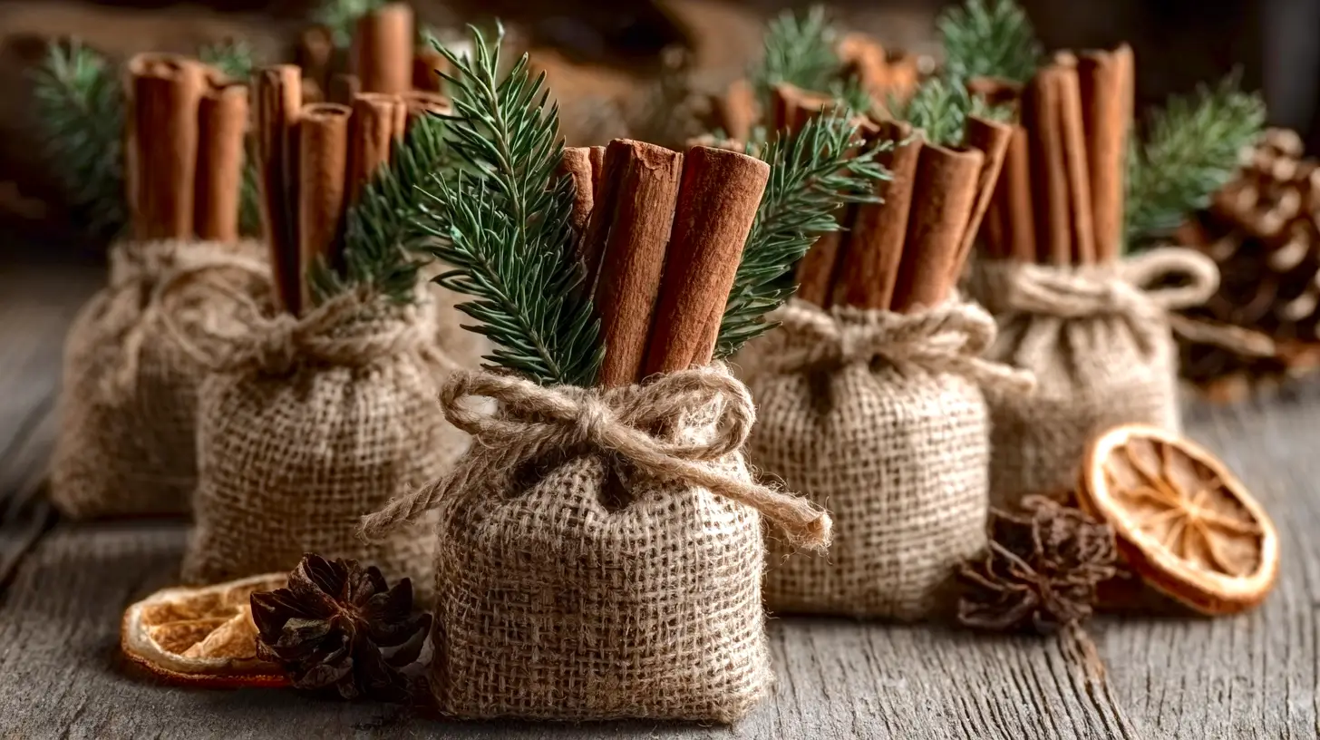 cinnamon stick craft, burlap bags
