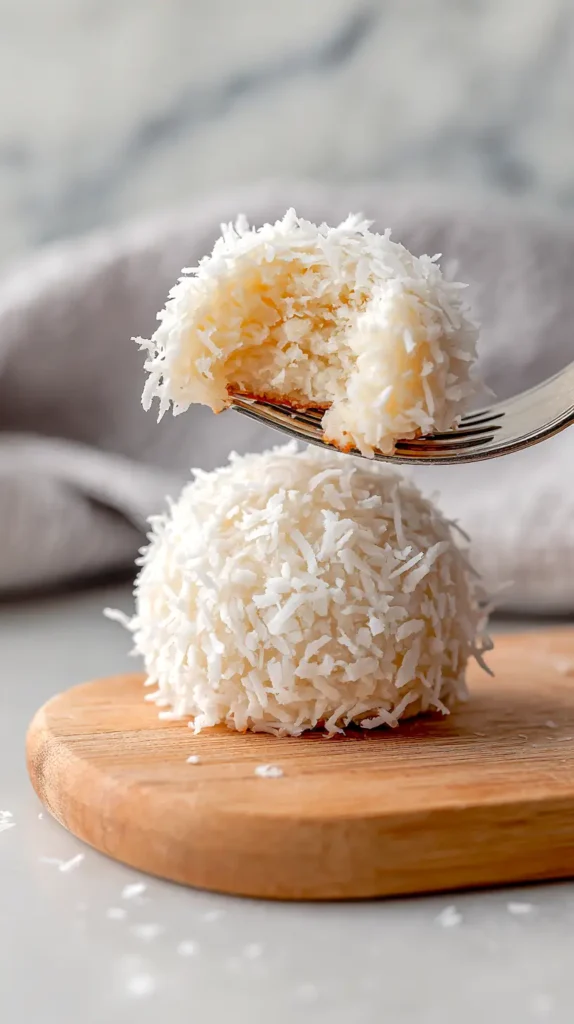 coconut snowball cookies with bite missing on fork