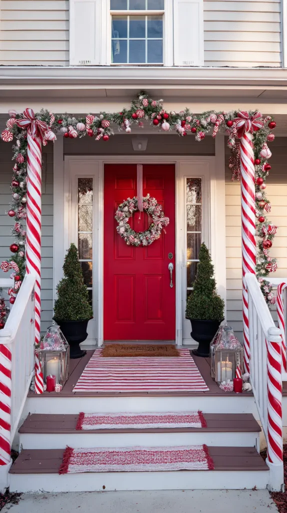 front porch Christmas decor, red and white striped decorations