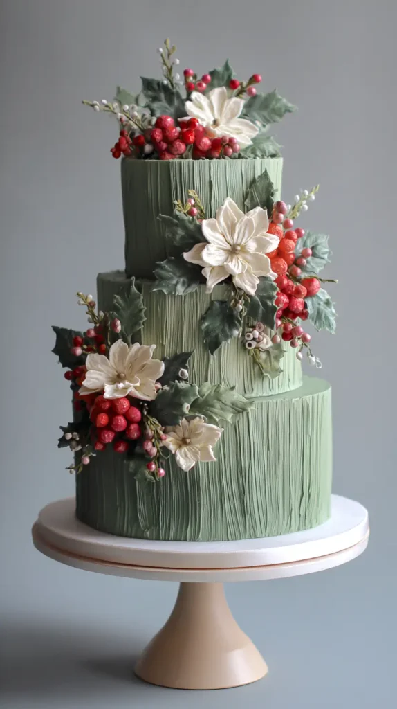 green iced and floral Christmas wedding cake