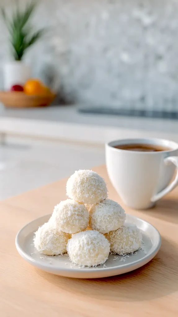 coconut snowball cookies with a cup of coffee