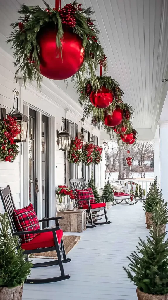 front porch Christmas decor, rocking chairs, red ornaments hanging from the ceiling