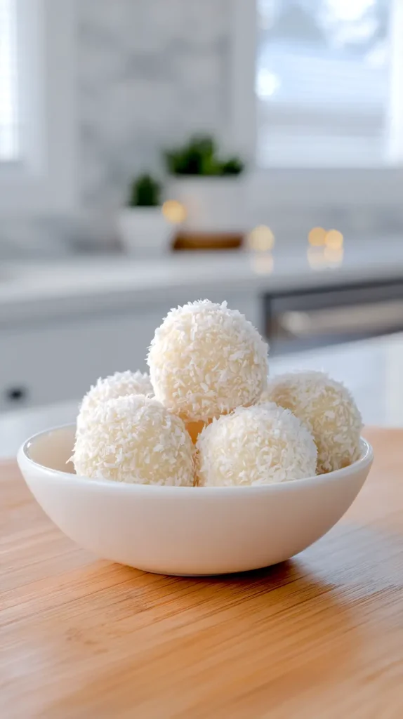 coconut snowball cookies in a white bowl