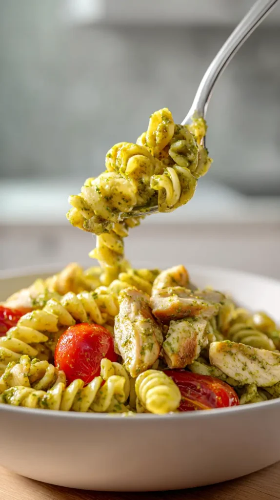 fork taking a scoop of chicken pesto pasta