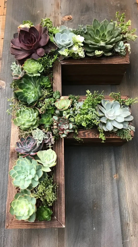 succulent wooden box shaped like an F