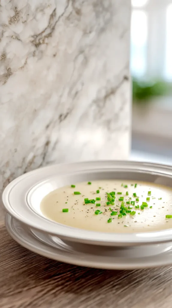 potato leek soup, shallow white bowl