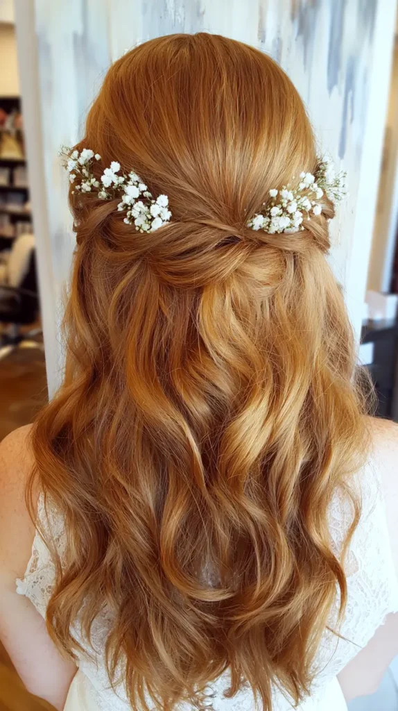 wedding hairstyles with baby's breath and twist, strawberry blonde