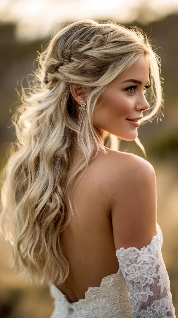 messy wrap braid, bride, long curled hair