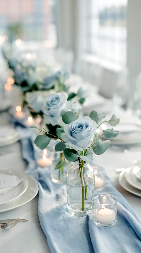 icy-blue roses in the center of a table on a blue table runner