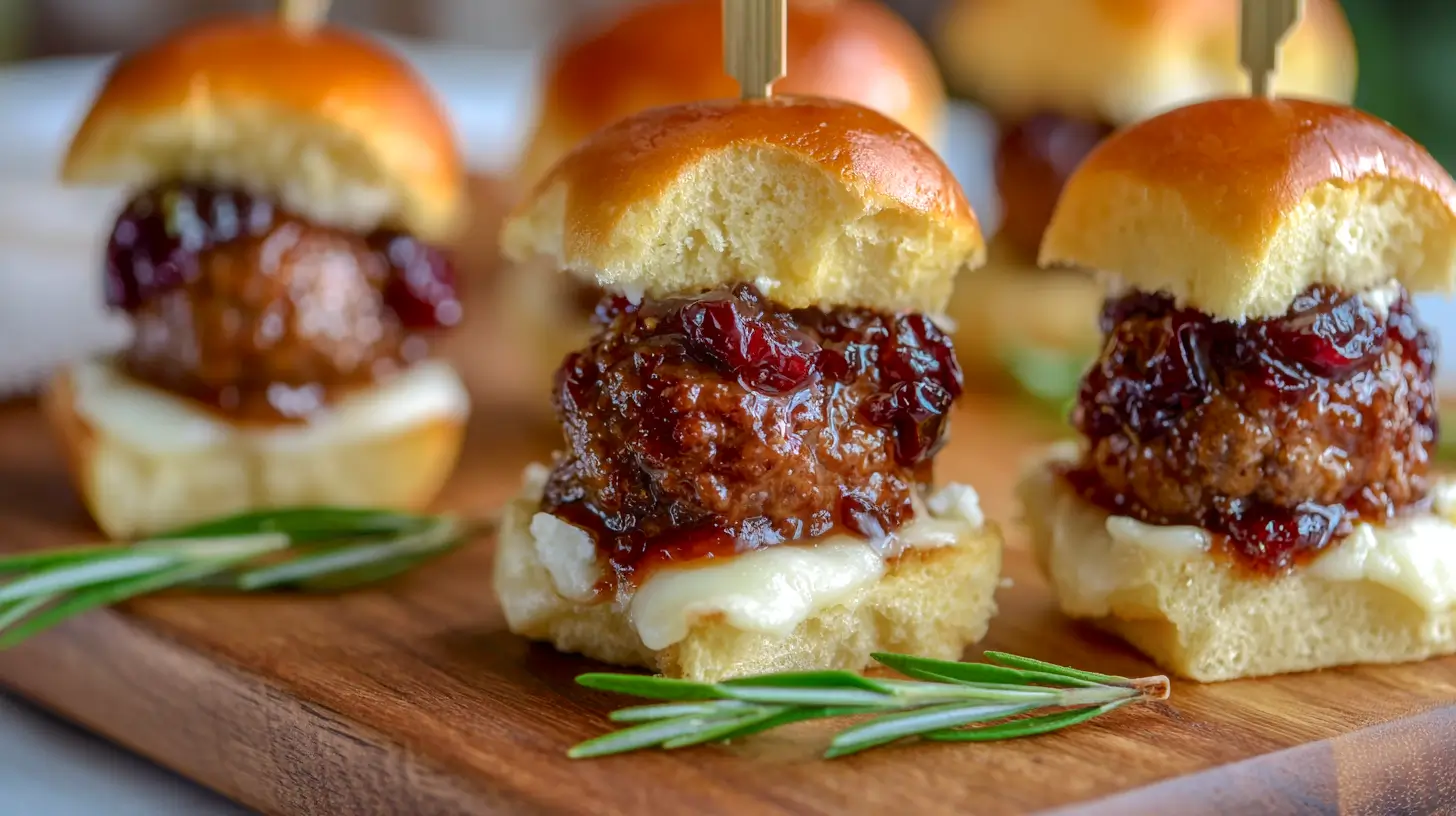 cranberry meatball sliders on a wooden board