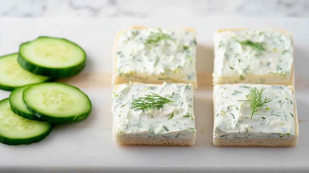 process of assembling cucumber sandwiches