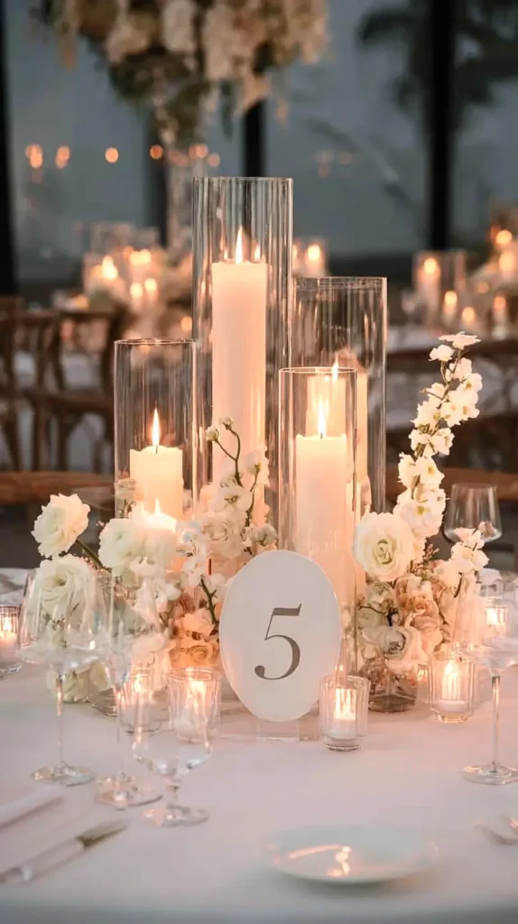 wedding table with number 5, candles, flowers