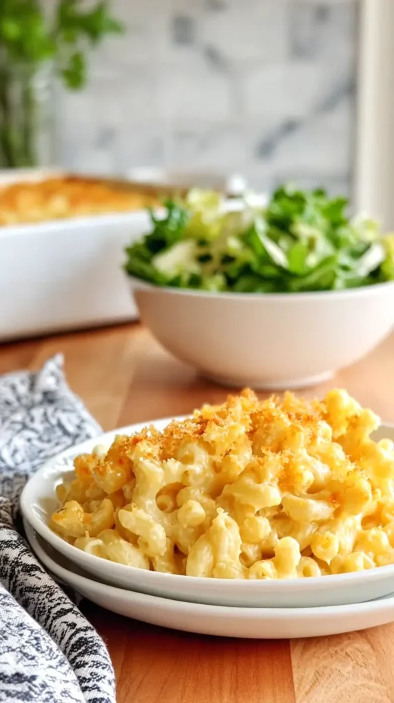 homemade mac and cheese recipe with a side salad